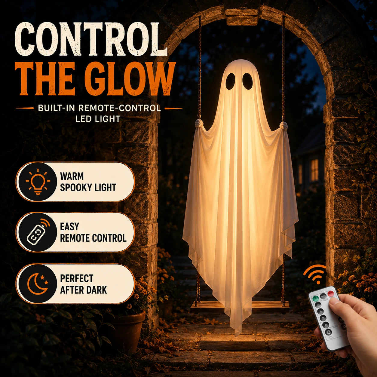 Remote control operating the warm built-in LED light inside the ghost swing