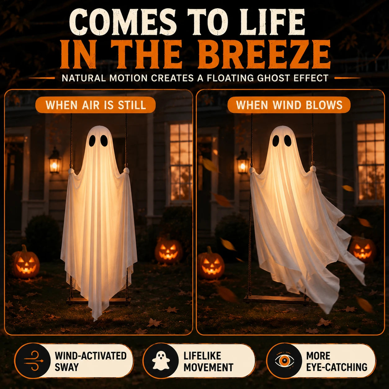 Comparison showing the hanging ghost still and swaying in the breeze