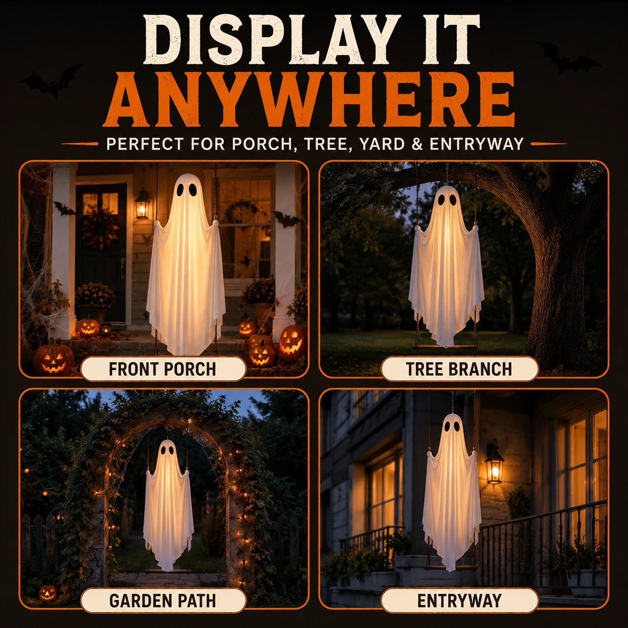 Four display ideas for the ghost swing including porch, tree, garden path and entryway