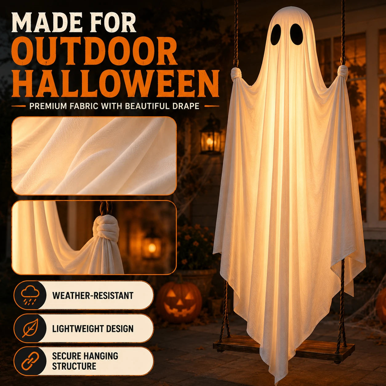 Close-up details of the ghost fabric, secure hanging points and wooden swing
