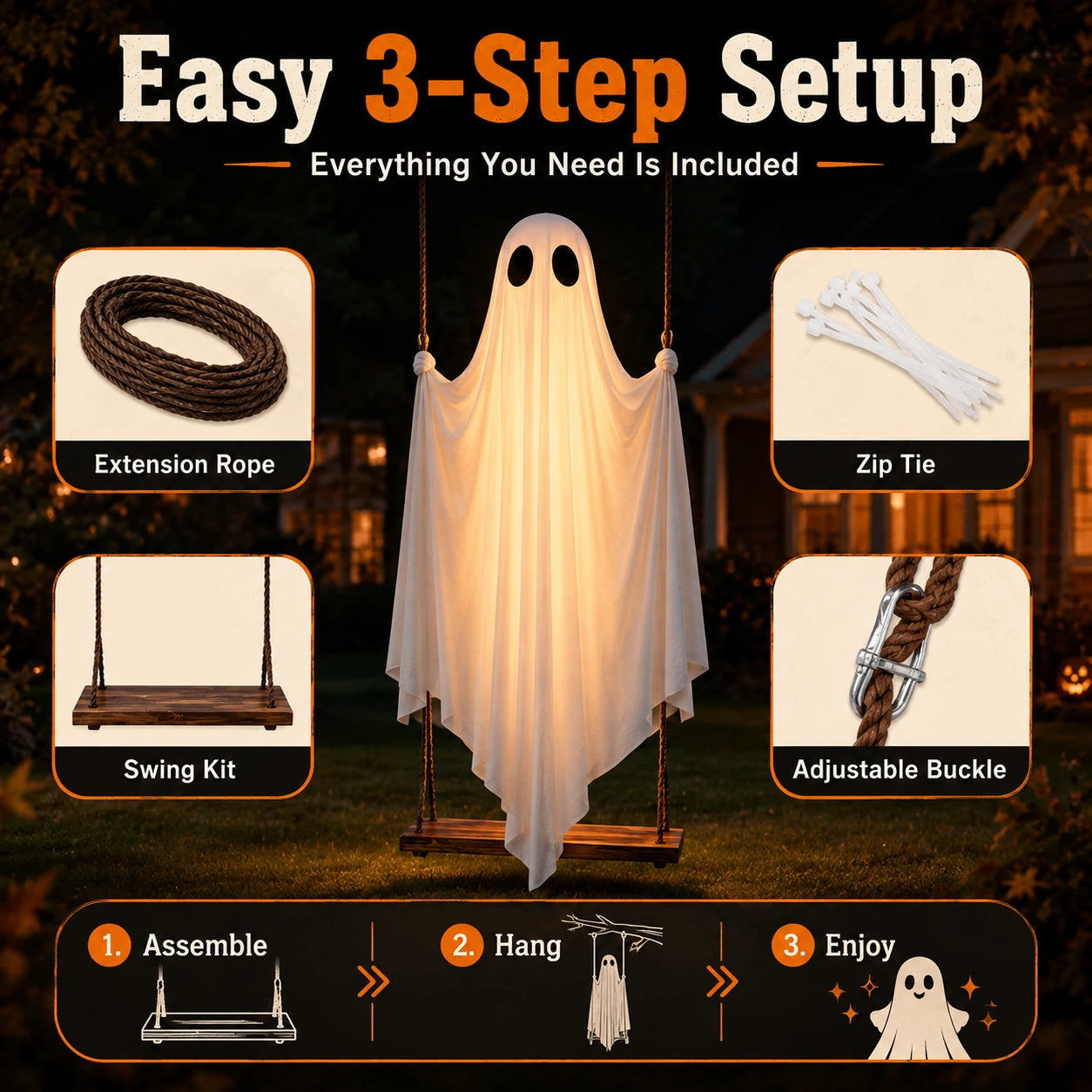 Included accessories and simple three-step setup for the ghost swing