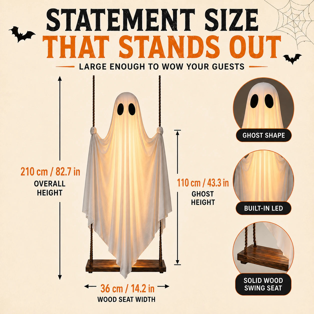 Hanging ghost swing dimensions: 210 cm overall height, 110 cm ghost height and 36 cm seat width