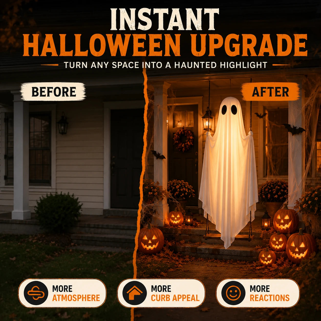 Before and after porch transformation with the glowing ghost swing