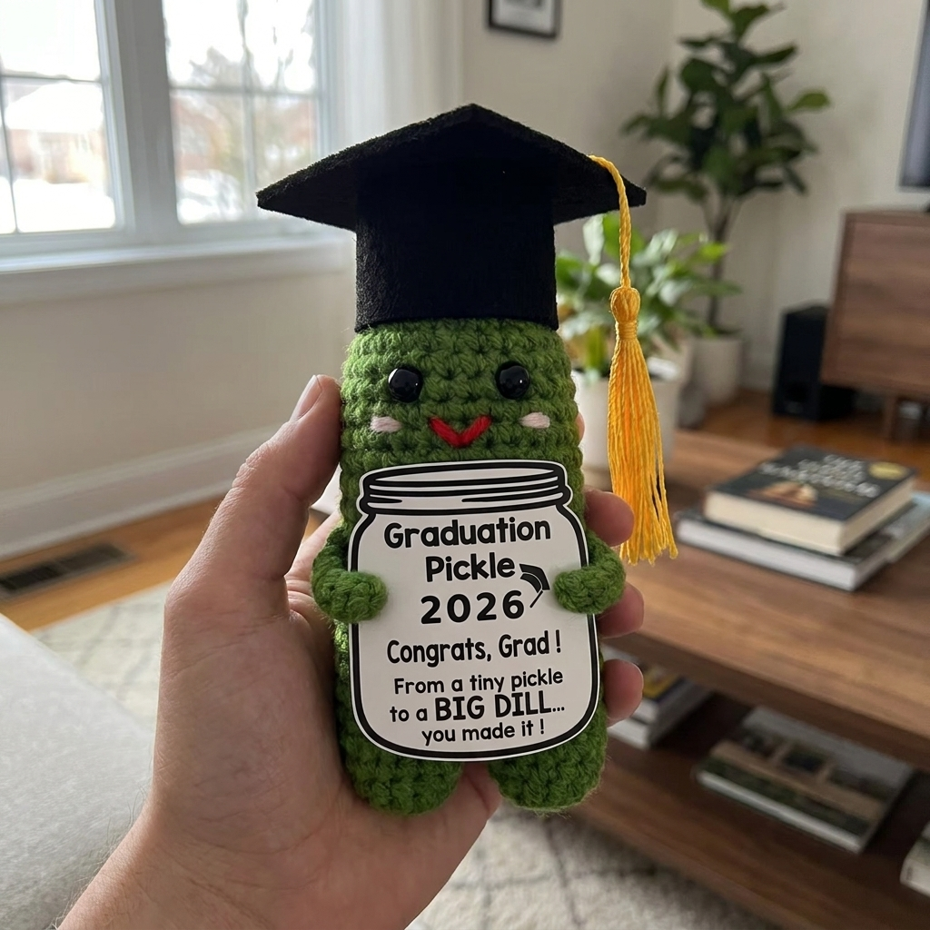 Handmade Crochet Graduation Pickle — "You're a Big Dill" Funny Gift with Grad Cap