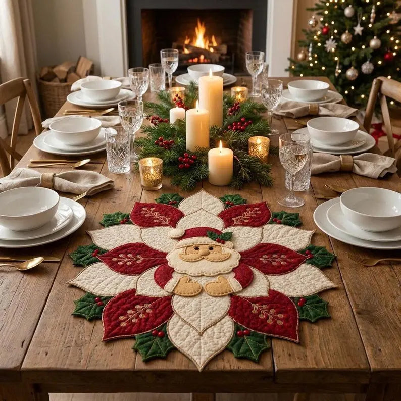 🎅 Christmas Santa Poinsettia Quilted Table Runner | Handmade Holiday Home Decor
