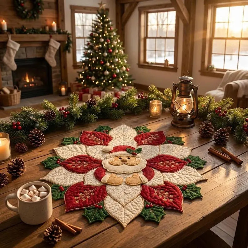 🎅 Christmas Santa Poinsettia Quilted Table Runner | Handmade Holiday Home Decor