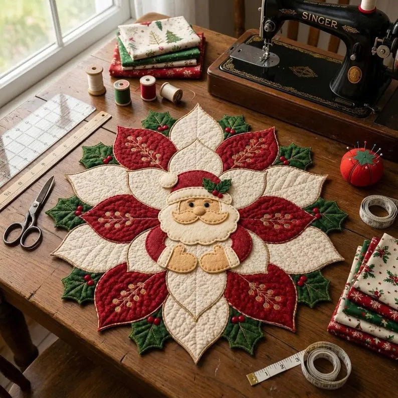 🎅 Christmas Santa Poinsettia Quilted Table Runner | Handmade Holiday Home Decor