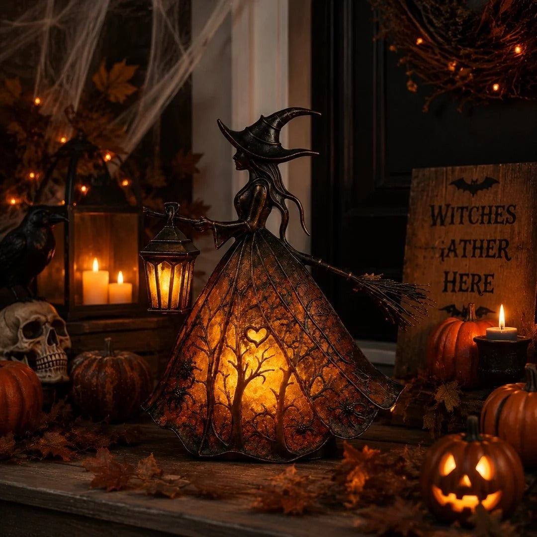 Halloween witch lantern tabletop decoration glowing with warm amber light