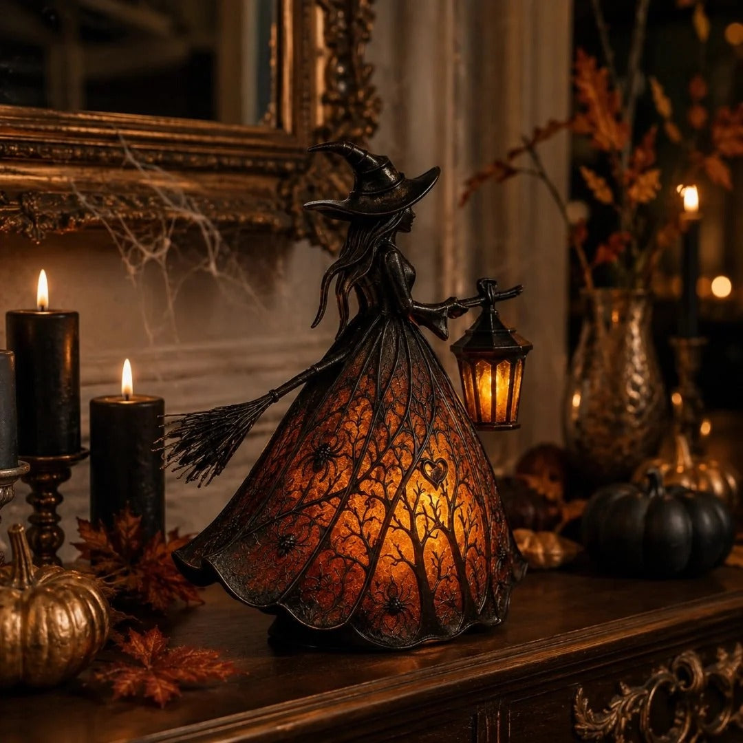 Vintage witch lantern displayed on mantel