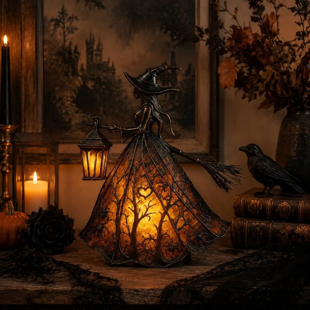 Halloween witch lantern styled with candles raven books and autumn decor