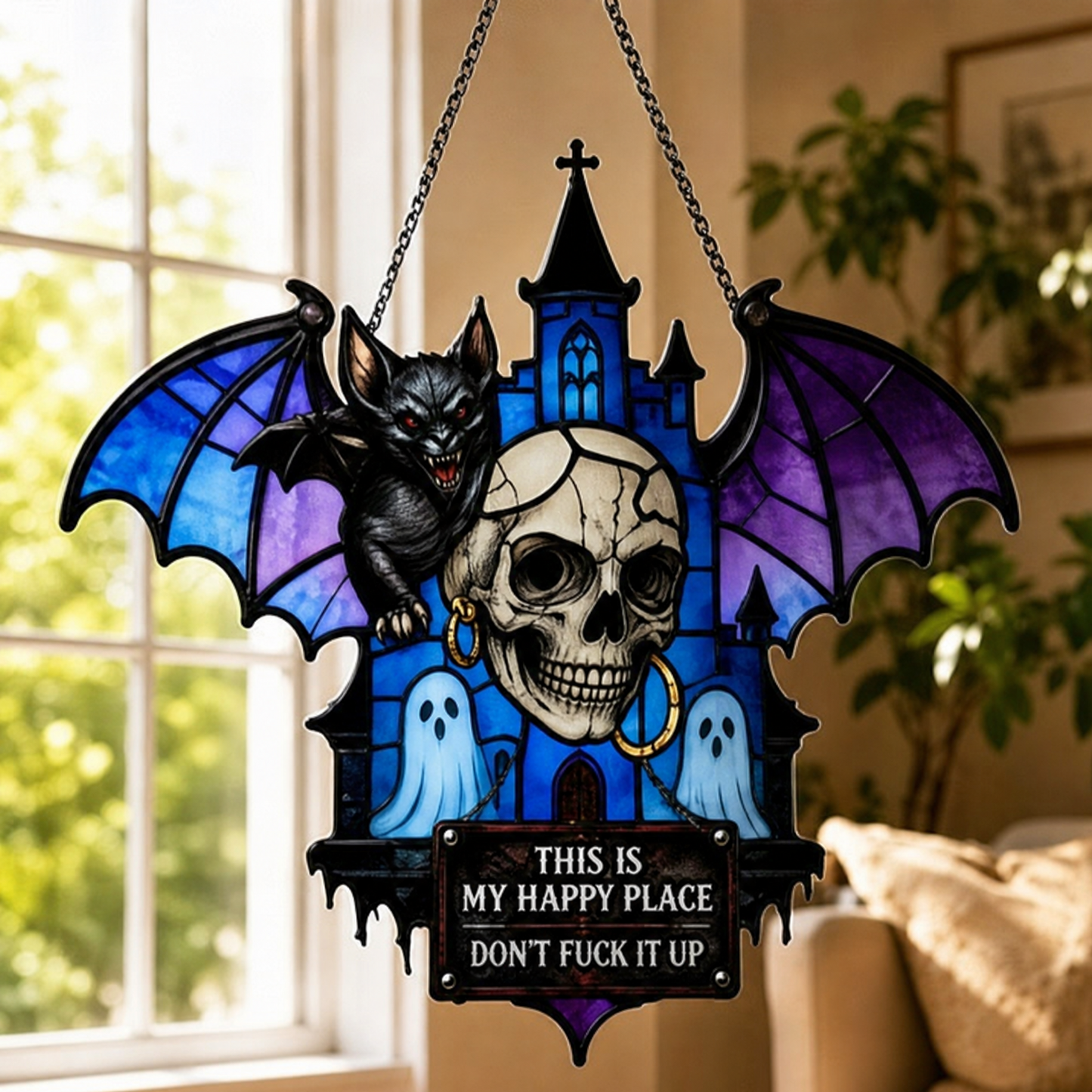 🦇💀Gothic Skull & Bat “My Happy Place” Hanging Art✨