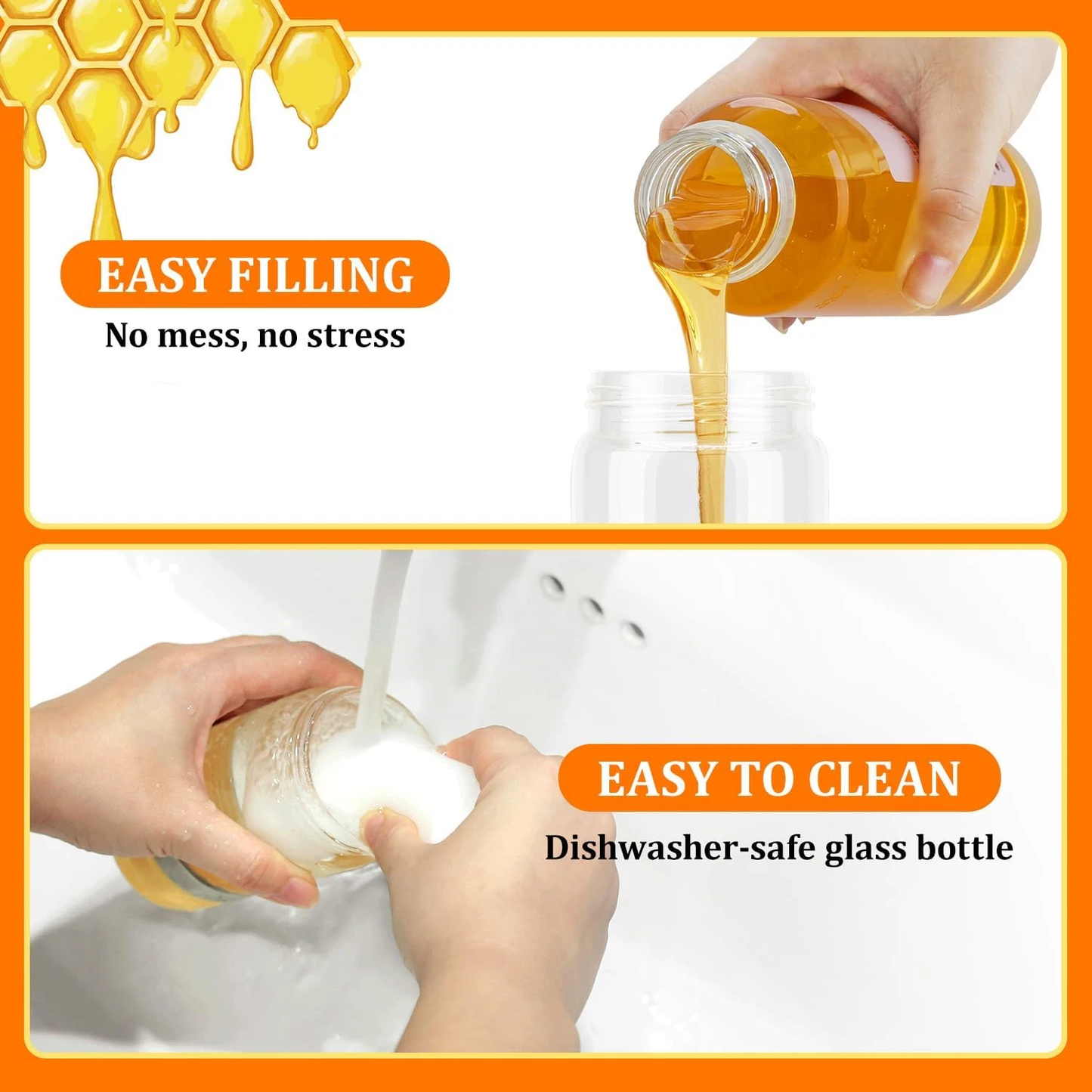 Glass Honey Dispenser Bottle | Press & Pour | No Mess No Drip