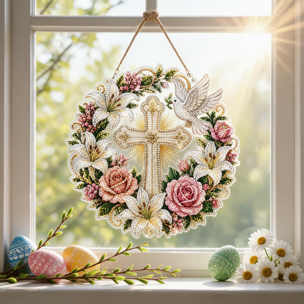 💐✝️ Cross, Flowers & Peace Dove Diamond Art Hanging Ornament Kit🌺