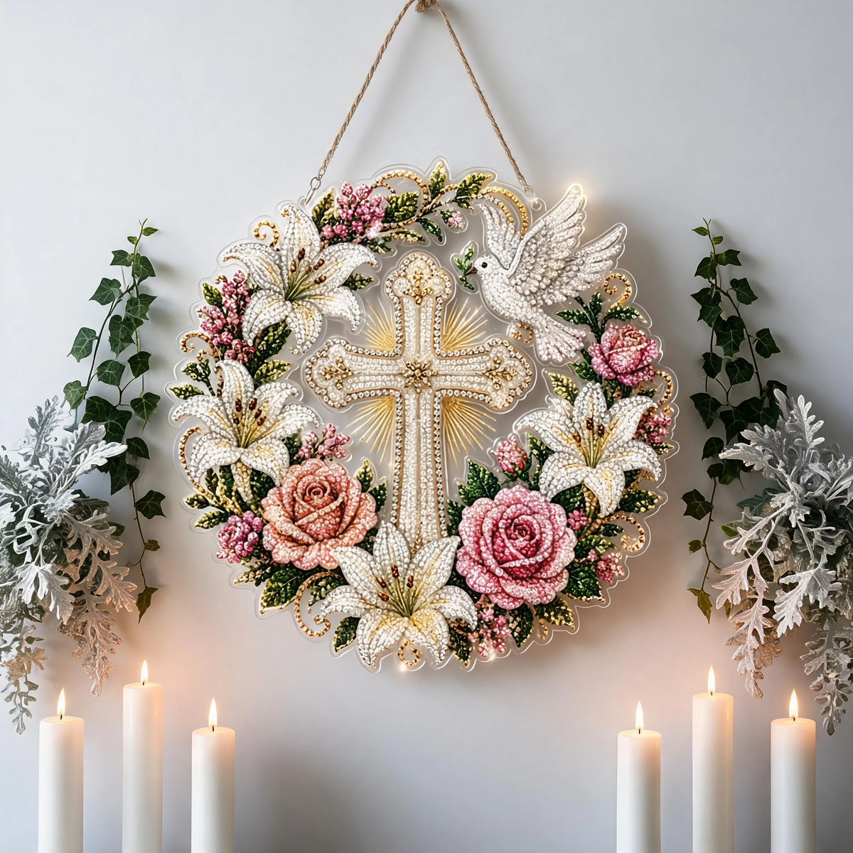💐✝️ Cross, Flowers & Peace Dove Diamond Art Hanging Ornament Kit🌺