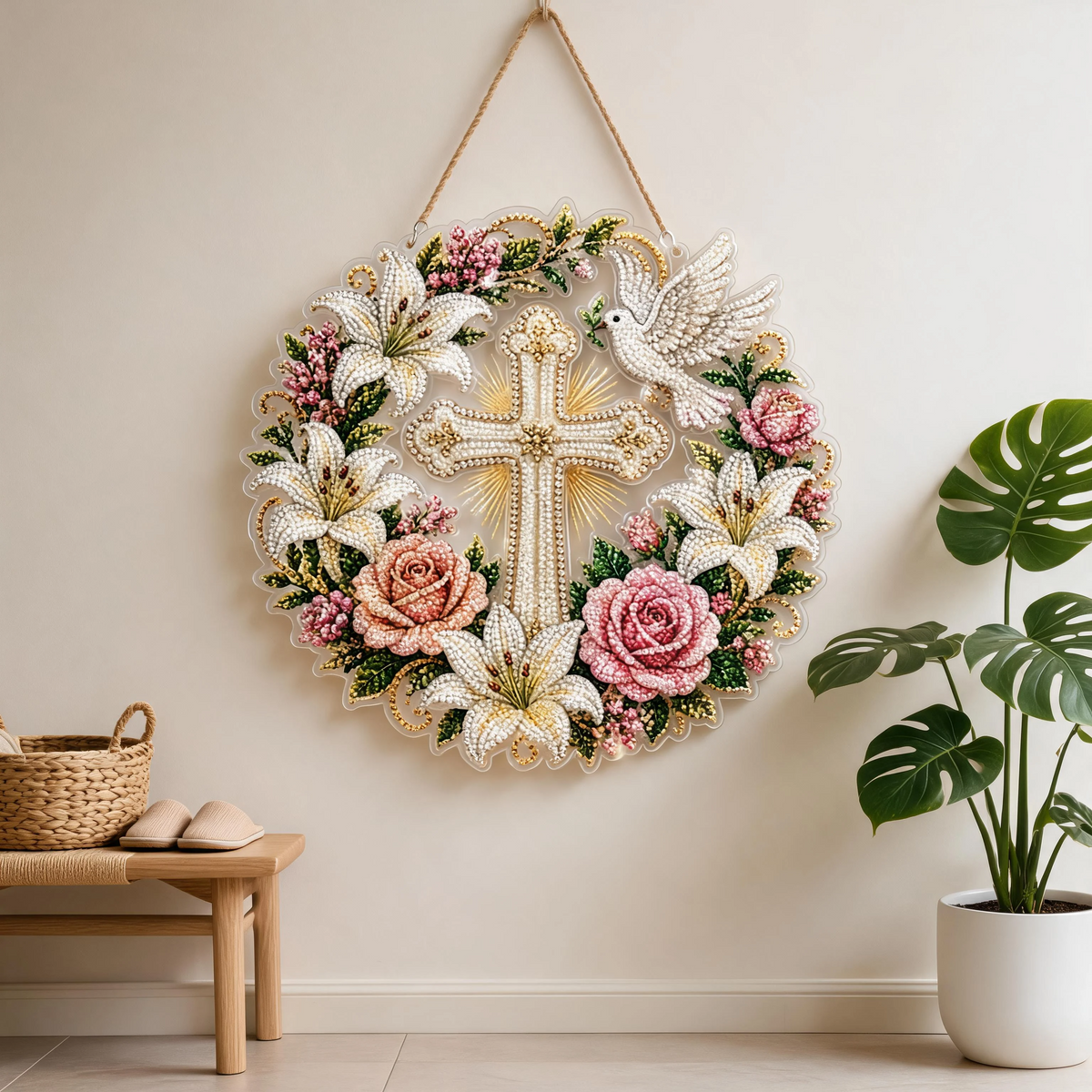 💐✝️ Cross, Flowers & Peace Dove Diamond Art Hanging Ornament Kit🌺