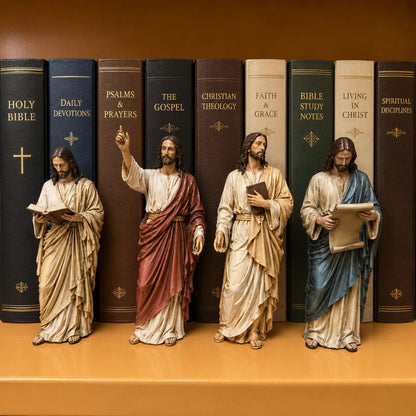 Jesus Figurine Bookshelf Decor Set – Christian Faith-Inspired Statues for Bible Study Room, Prayer Corner & Home Decor