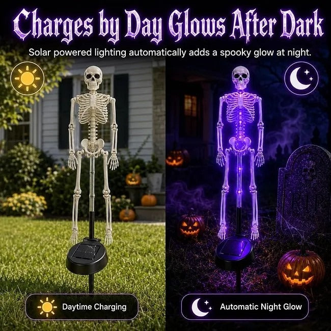 Solar skeleton charging during the day and glowing purple at night