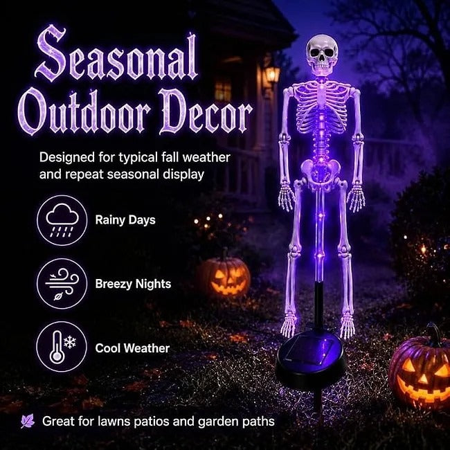 Solar skeleton light shown as seasonal outdoor fall decor