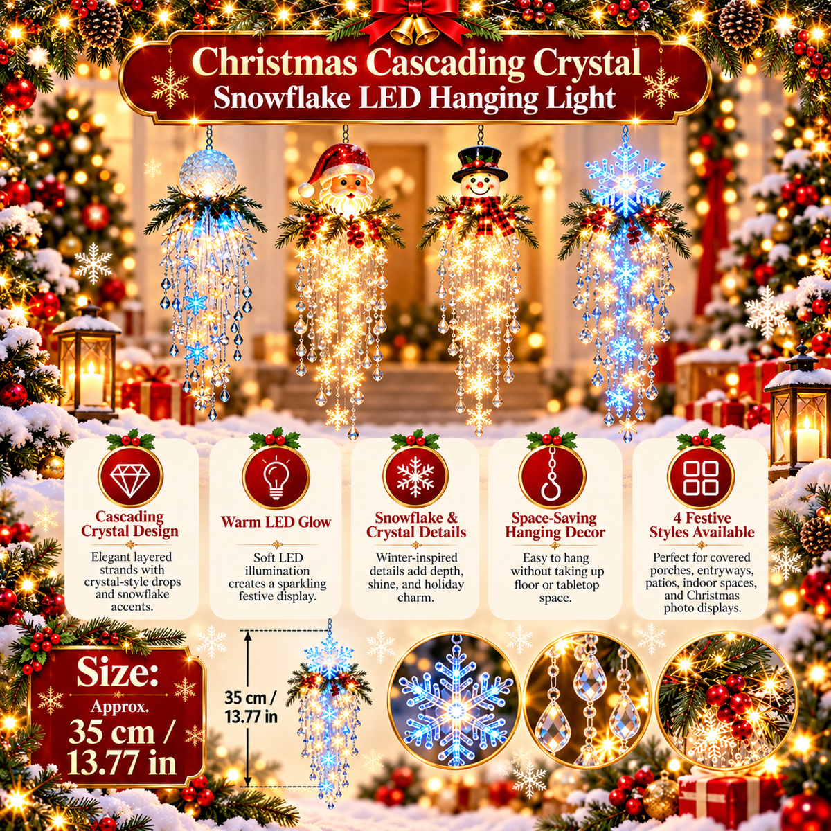 Four Crystal Cascade Christmas hanging light styles