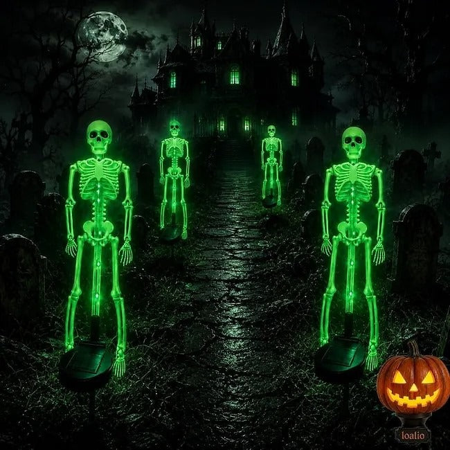 Green solar skeleton lights in a haunted garden
