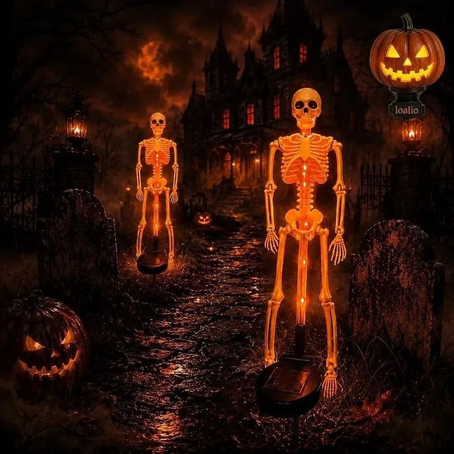Orange solar skeleton lights in a Halloween graveyard