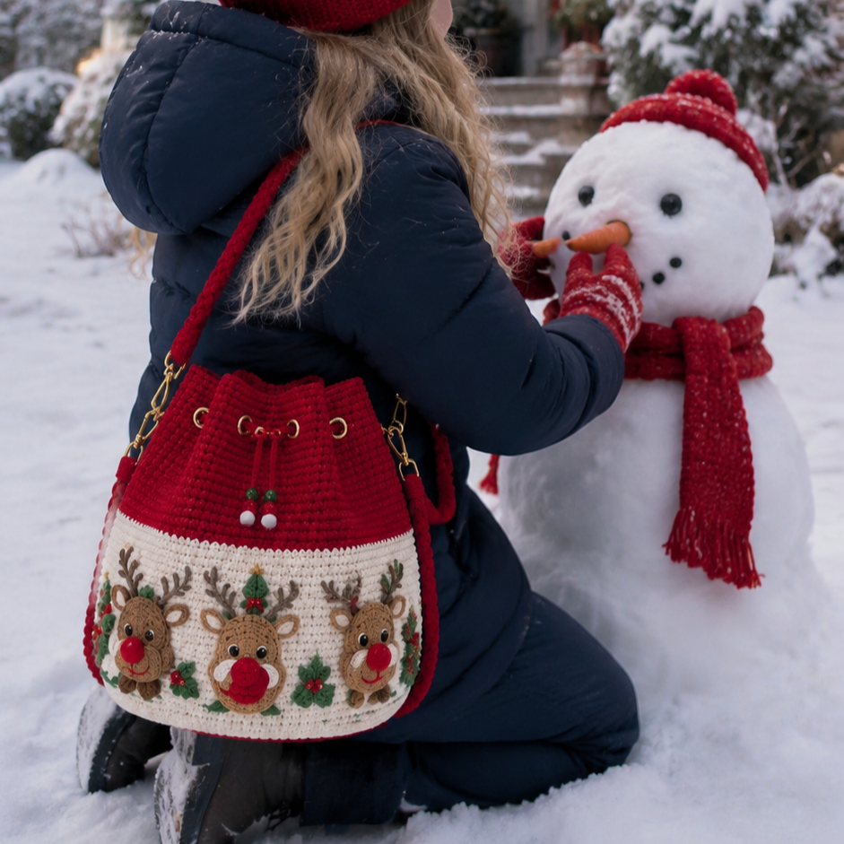 🎄Christmas Crochet Bucket Crossbody Bag 🎅 | 4 Styles Hand‑Knitted Drawstring Shoulder Purse | Festive Holiday Women Handbag Gift
