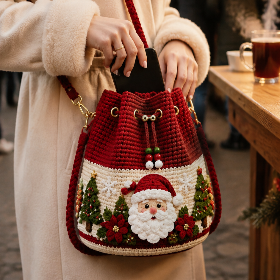 🎄Christmas Crochet Bucket Crossbody Bag 🎅 | 4 Styles Hand‑Knitted Drawstring Shoulder Purse | Festive Holiday Women Handbag Gift