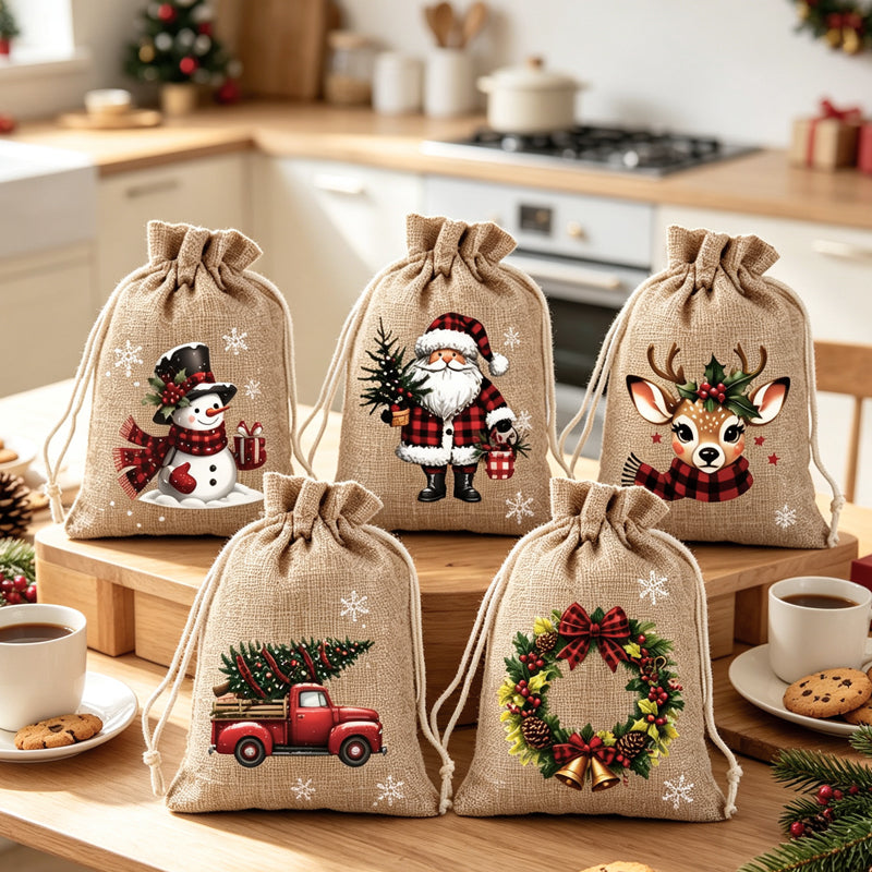 🎁 Christmas Drawstring Gift Bags – Festive Santa & Reindeer Prints, Double Drawstring Closure & Durable Fabric – Holiday Cheer in Every Gift ✨