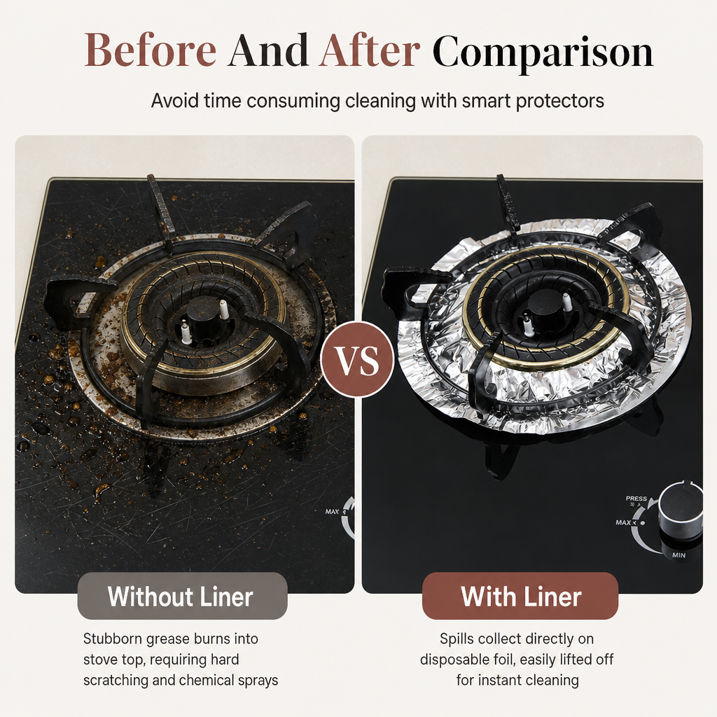 🍳 10-Pack Heavy-Duty Foil Gas Stove Burner Liners – Easy Kitchen Cleanup ✨