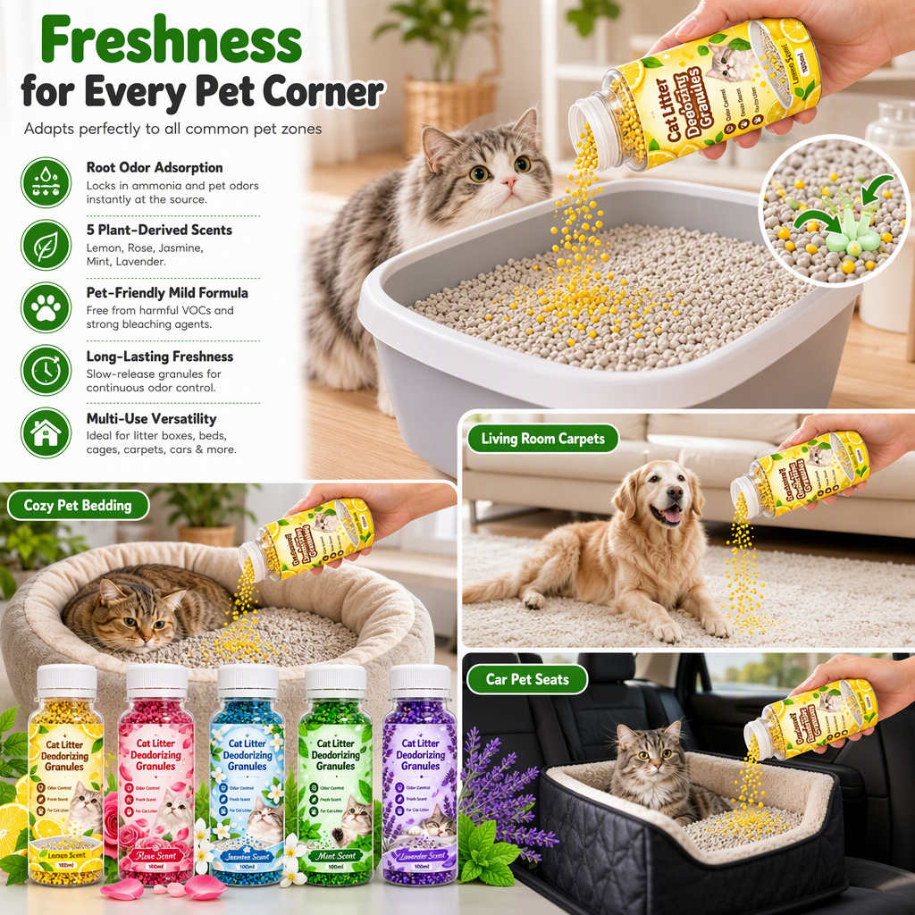 📢📢40% OFF !! ⏰Cat Litter Deodorizing Granules – Easy Sprinkle-On Odor Control in Five Fresh Scents 🌿🏠