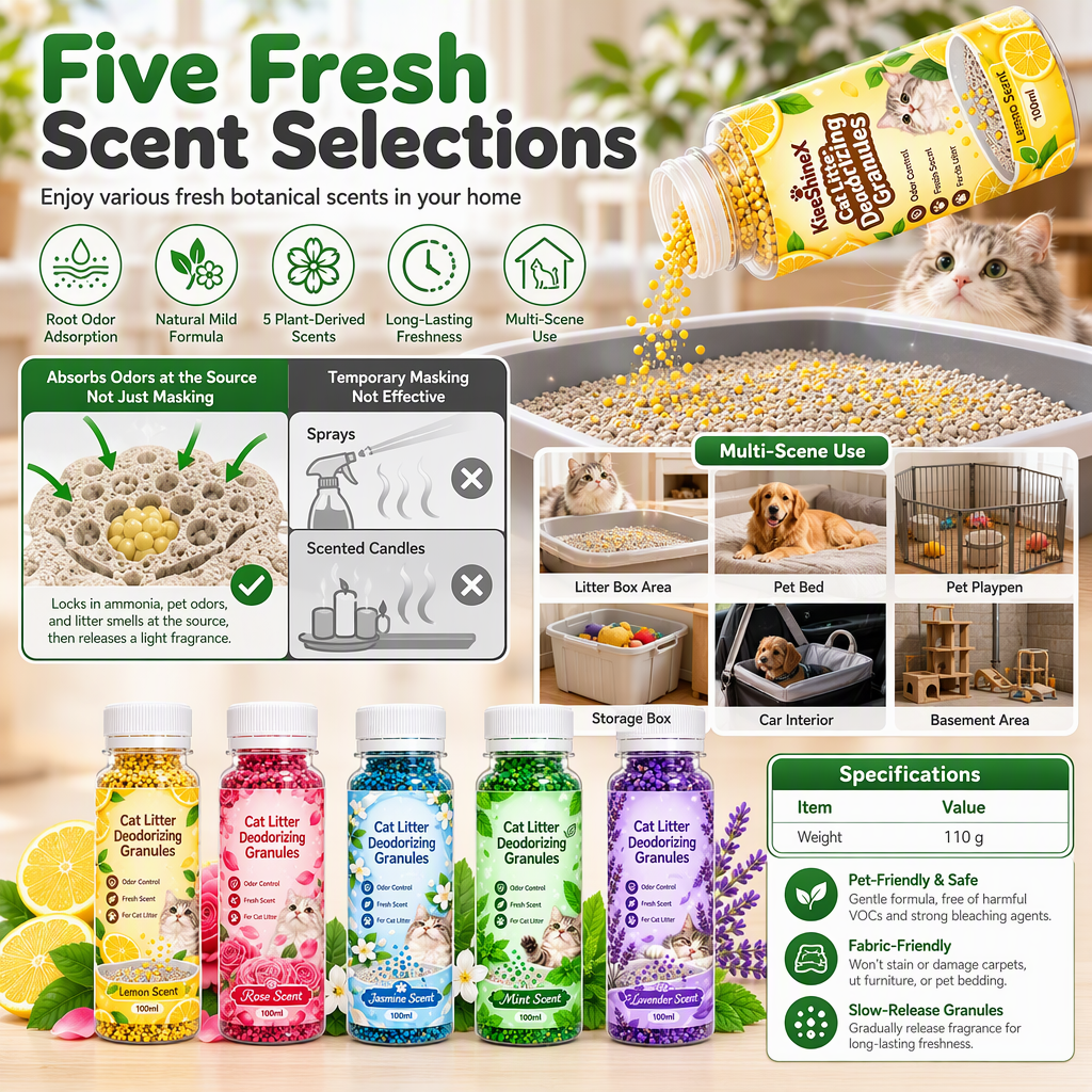 📢📢40% OFF !! ⏰Cat Litter Deodorizing Granules – Easy Sprinkle-On Odor Control in Five Fresh Scents 🌿🏠
