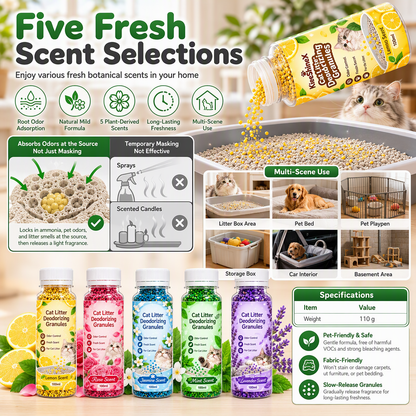 📢📢40% OFF !! ⏰Cat Litter Deodorizing Granules – Easy Sprinkle-On Odor Control in Five Fresh Scents 🌿🏠