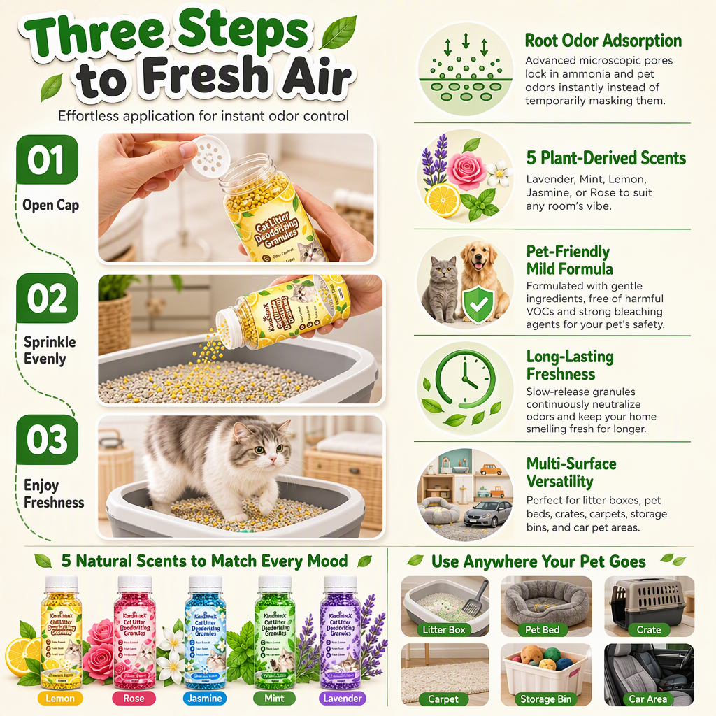📢📢40% OFF !! ⏰Cat Litter Deodorizing Granules – Easy Sprinkle-On Odor Control in Five Fresh Scents 🌿🏠