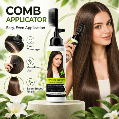 💇‍♀️✨ Hair Straightening Cream with Built-In Comb – Smooth Frizz & Tame Unruly Hair!🍀