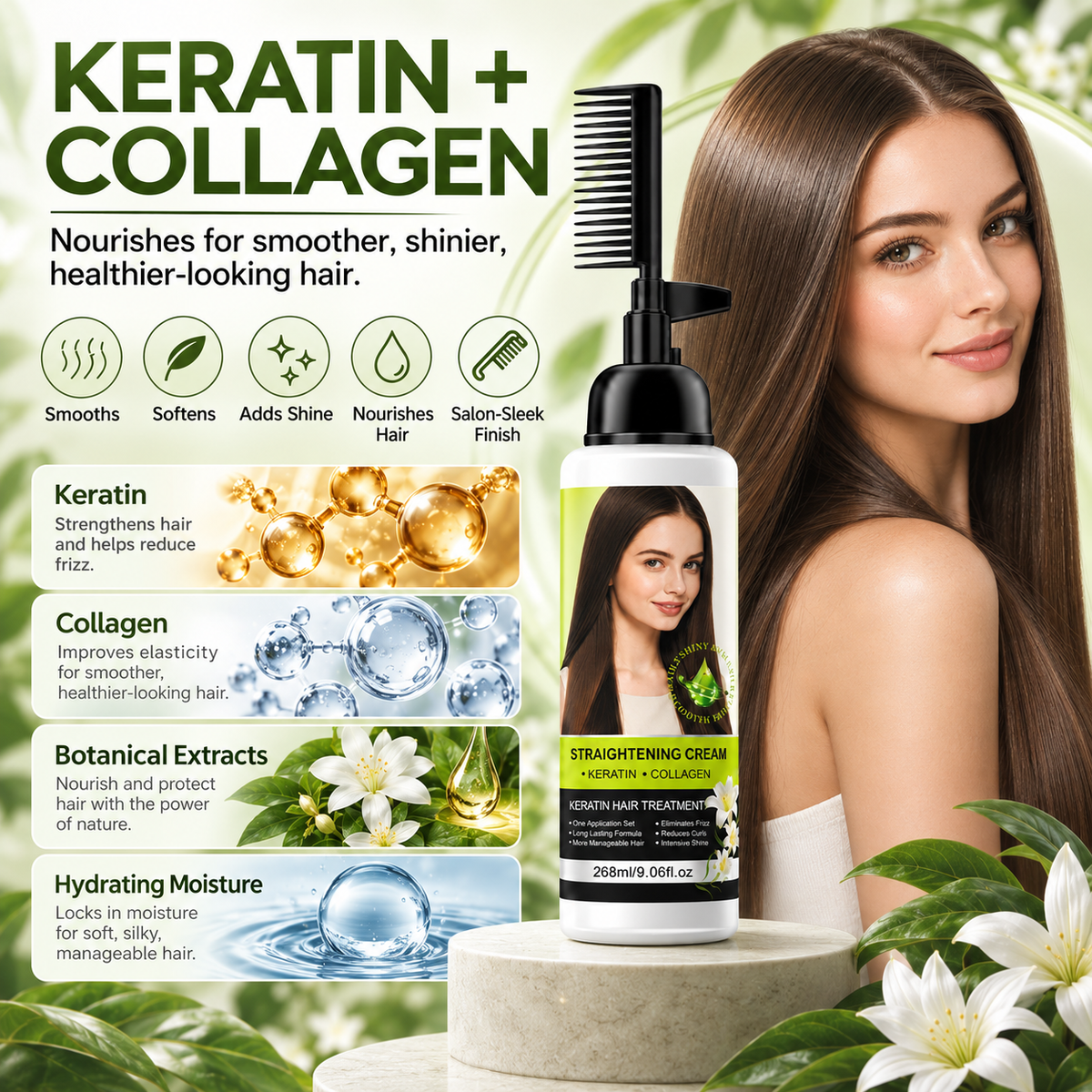 💇‍♀️✨ Hair Straightening Cream with Built-In Comb – Smooth Frizz & Tame Unruly Hair!🍀