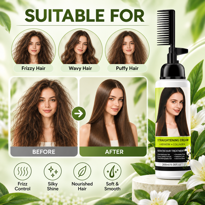 💇‍♀️✨ Hair Straightening Cream with Built-In Comb – Smooth Frizz & Tame Unruly Hair!🍀