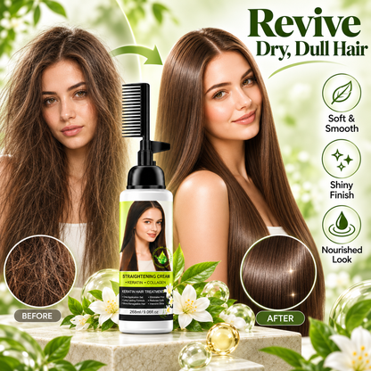 💇‍♀️✨ Hair Straightening Cream with Built-In Comb – Smooth Frizz & Tame Unruly Hair!🍀