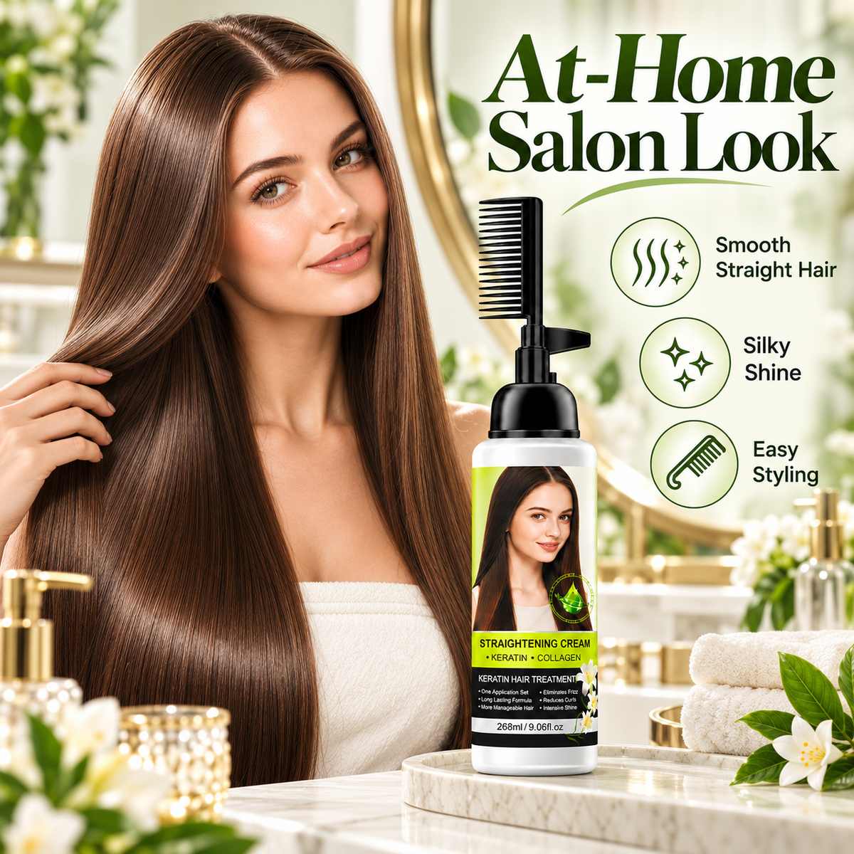 💇‍♀️✨ Hair Straightening Cream with Built-In Comb – Smooth Frizz & Tame Unruly Hair!🍀