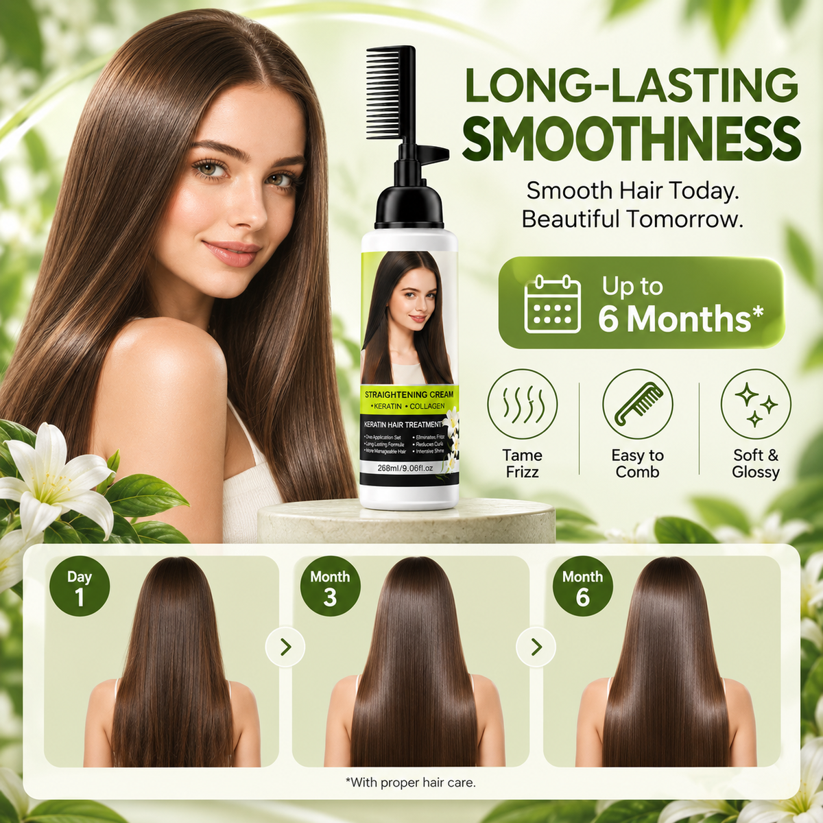 💇‍♀️✨ Hair Straightening Cream with Built-In Comb – Smooth Frizz & Tame Unruly Hair!🍀