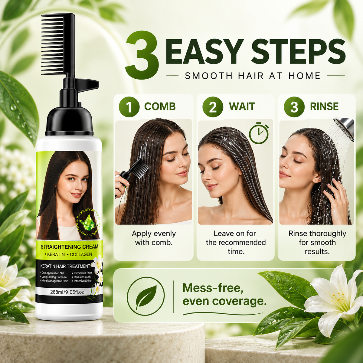 💇‍♀️✨ Hair Straightening Cream with Built-In Comb – Smooth Frizz & Tame Unruly Hair!🍀