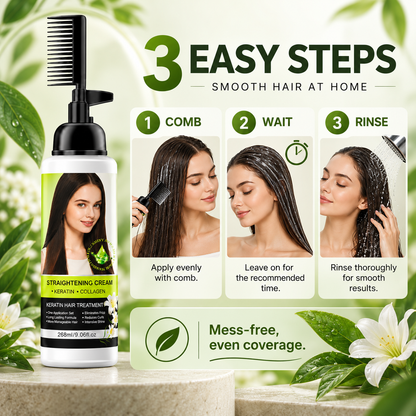 💇‍♀️✨ Hair Straightening Cream with Built-In Comb – Smooth Frizz & Tame Unruly Hair!🍀