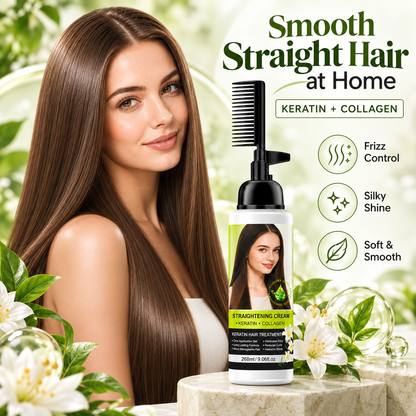💇‍♀️✨ Hair Straightening Cream with Built-In Comb – Smooth Frizz & Tame Unruly Hair!🍀