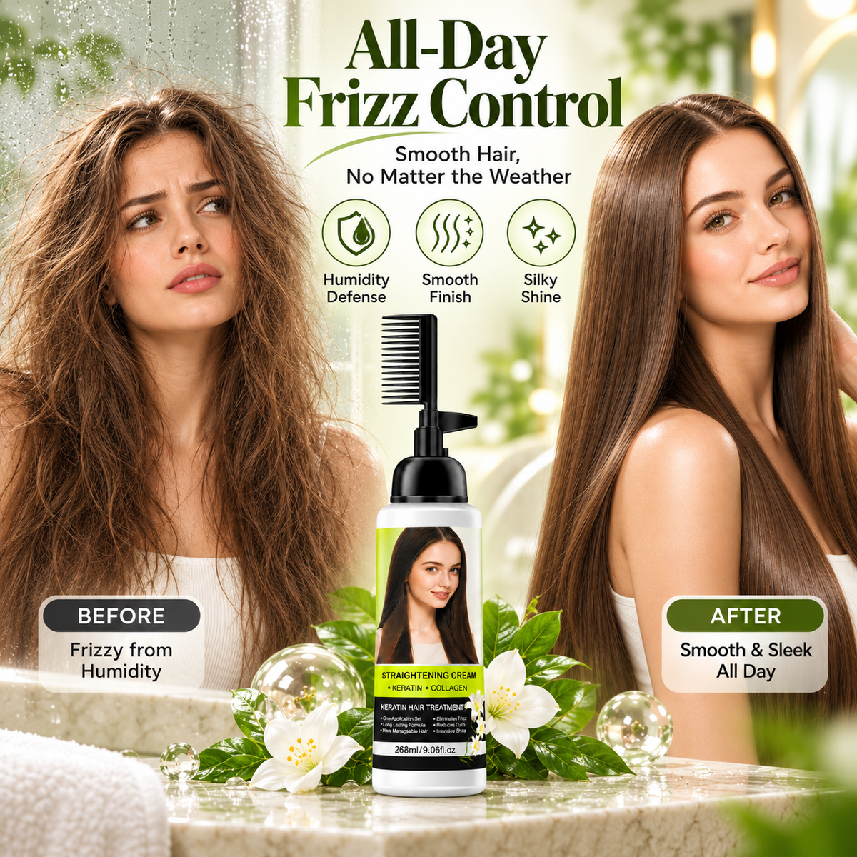 💇‍♀️✨ Hair Straightening Cream with Built-In Comb – Smooth Frizz & Tame Unruly Hair!🍀