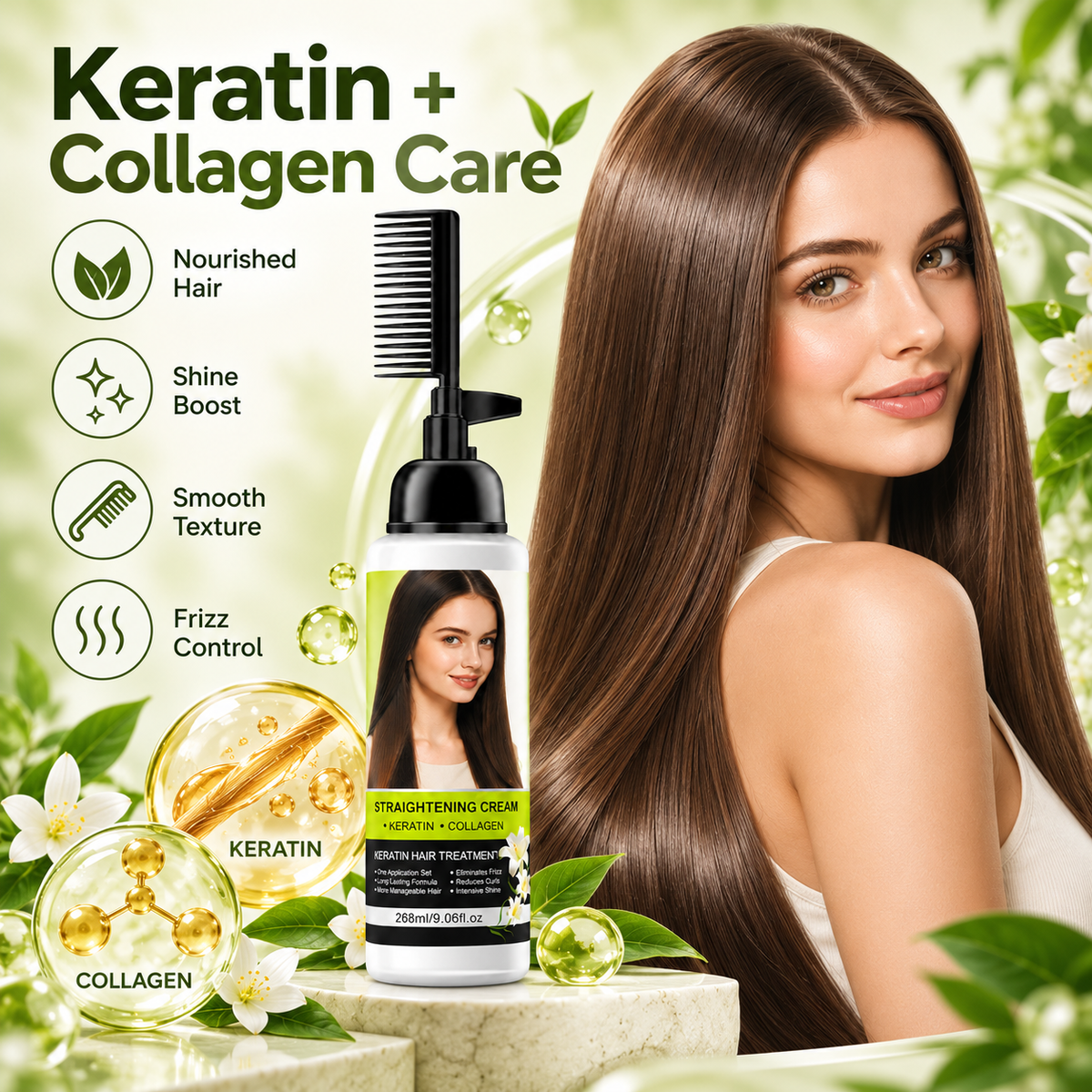 💇‍♀️✨ Hair Straightening Cream with Built-In Comb – Smooth Frizz & Tame Unruly Hair!🍀