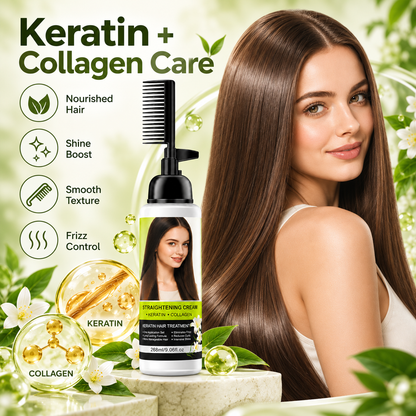 💇‍♀️✨ Hair Straightening Cream with Built-In Comb – Smooth Frizz & Tame Unruly Hair!🍀