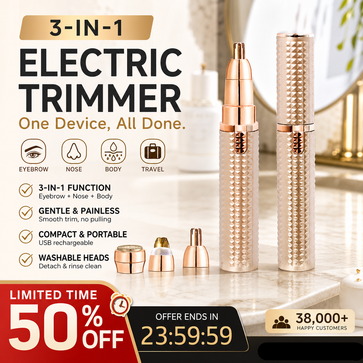 ✂️ 2026 Sale — Over 38,000 Sold!🔥 Portable Electric Eyebrow Trimmer – Interchangeable Heads 🪒
