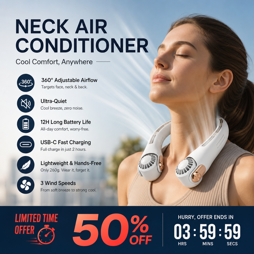 🥳2026 HOT SALE🥳💨 48% OFF!🍃 Neck Air Conditioner Fan – Ultra‑quiet, 360° rotating, 3 speeds. Hands‑free cooling, long battery. Summer essential! 😎🌬️